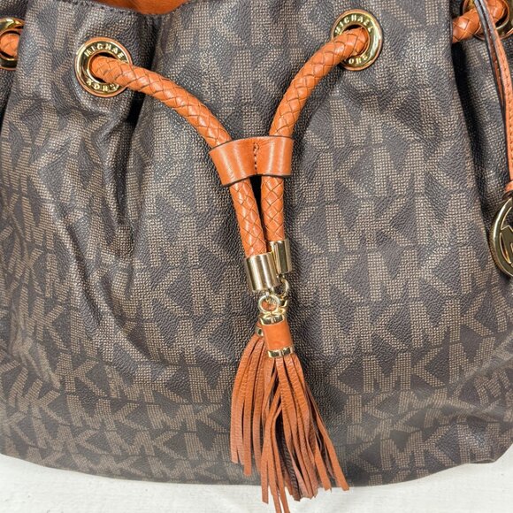 Michael Kors Jet Set Signature Drawstring Tote Brown MK Monogram Leather Trim - Picture 6 of 15